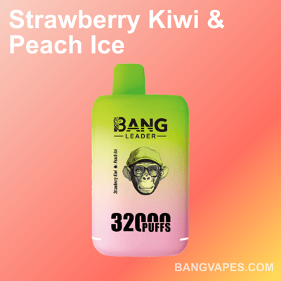 Zdjęcie produktu przedstawiającego urządzenie do waporyzacji oznaczone marką "Bang Leader" w kolorze od zielonego do różowego, o smaku "Strawberry Kiwi & Peach Ice" i pogrubionym tekstem wskazującym "32 000 Puffs" na gradientowym różowym tle z witryną BangVapes.com wyświetloną w dolnym rogu. Na środku urządzenia znajduje się rozmyty element.
