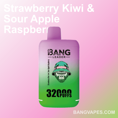 Obraz promocyjny produktu vape Bang Leader przedstawiający jego smak, Strawberry Kiwi & Sour Apple Raspberry, o pojemności 32 000 zaciągnięć, ustawiony na różowym gradientowym tle z tekstem i brandingiem.