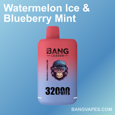 Zdjęcie promocyjne przedstawiające urządzenie do waporyzacji z gradientowym wzorem od czerwonego do niebieskiego, z napisami 'Bang Leader', 'Watermelon Ice & Blueberry Mint' i '32000 puffs' z przodu, na jasnoniebieskim tle.