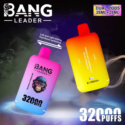 Ein Werbebild für farbenfrohe Vape-Geräte mit zwei Geschmacksrichtungen, gekennzeichnet mit einer maximalen Kapazität von 32.000 Zügen und einstellbaren Fruchtgeschmacksoptionen.