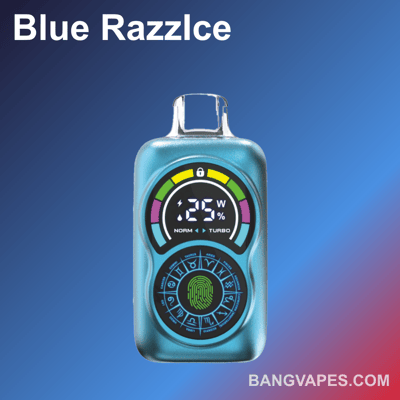 Dispositivo de vapeo electrónico azul con pantalla digital que muestra potencia e indicadores coloridos, con la marca "Blue RazzIce" y la URL del sitio web "bangvapes.com"."