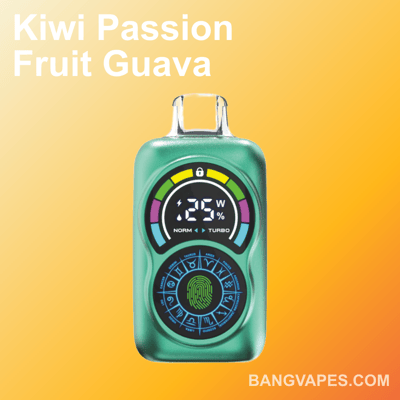 Un dispositivo de vapeo electrónico verde que presenta una pantalla digital que muestra '25W' con elementos decorativos y marca, sobre un fondo amarillo degradado con el texto 'Kiwi Passion Fruit Guava' y 'BANGVAPES.COM'.'
