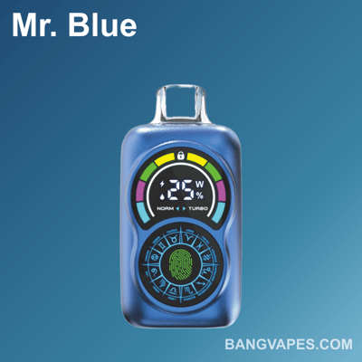 Un dispositivo electrónico de vapeo azul con la etiqueta 'Mr. Azul' con una pantalla digital que muestra indicadores de potencia y porcentaje, con coloridos gráficos circundantes y signos del zodíaco en la base, mostrados sobre un fondo azul degradado con el texto 'BANGVAPES.COM' en la esquina inferior.
