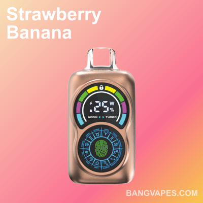 Un dispositivo de vapeo metálico con una pantalla digital que muestra una potencia de 25 W, decorado con gráficos coloridos y símbolos astrológicos, sobre un fondo rosa degradado con un texto que dice 'Strawberry Banana' y 'BANGVAPES.COM'.