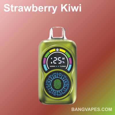 Un dispositivo de vapeo verde que muestra 25 vatios, con indicadores coloridos y símbolos astrológicos en el dial de configuración, sobre un fondo rojo degradado con la etiqueta 'Strawberry Kiwi'.'