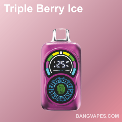 Un dispositivo de vapeo electrónico compacto con la etiqueta 'Triple Berry Ice' con un color rosa y una interfaz digital que muestra la configuración de energía, mostrado sobre un fondo rosa degradado con 'BangVapes.com' marcado en la parte inferior derecha.