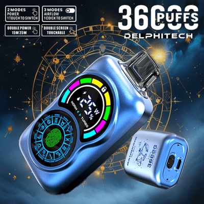 Ein futuristisches Delphitech-Vape-Gerät mit einem digitalen Bildschirm mit farbenfroher Benutzeroberfläche, umgeben von astrologischen Zeichen, Werbung für 36.000 Züge und Doppelfunktionen für Leistungs- und Luftstromeinstellungen.