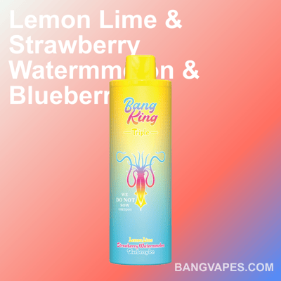 Jaskrawo kolorowy produkt do waporyzacji z etykietą 'Bang King Triple' o smakach obejmujących limonkę cytrynową, arbuz truskawkowy i lód jagodowy, na gradientowym tle.