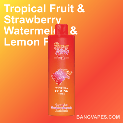 Zdjęcie promocyjne jednorazowego vape Bang King w kolorze czerwonym, z podpisem o smakach takich jak owoce tropikalne, truskawka, arbuz i cytryna brzoskwinia, wyświetlane na gradientowym pomarańczowym tle.