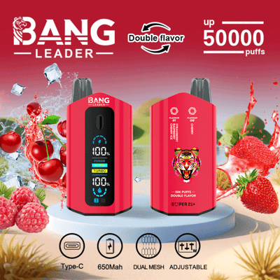 Image promotionnelle de l'appareil de vape rouge Bang Leader, mettant en évidence des fonctionnalités telles que 50 000 bouffées, deux saveurs, une charge de type C, une batterie de 650 mAh et un débit d'air réglable, accompagnée d'images de fraises, de cerises et de glaçons.