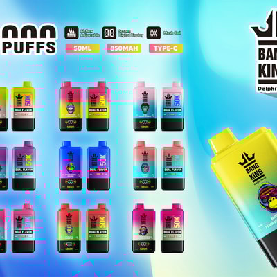 Promotional image of Bang King Dual Flavor 50K disposable vapes in various colors and flavors, displaying product features like 50,000 puffs, adjustable airflow, screen display, 50ml capacity, and Type-C charging.