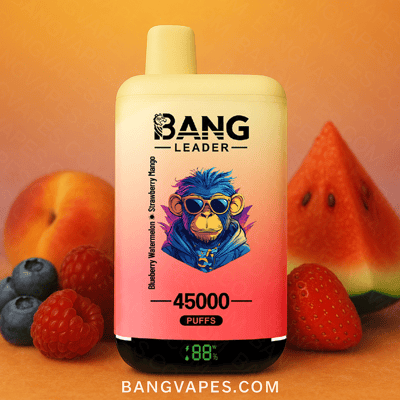 Bang Leader vape device with blueberry watermelon and strawberry mango flavors advertised, featuring juice capacity of 45000 puffs, in front of assorted fruits and a digital display showing battery life at 88%.