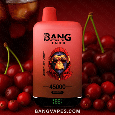 A red Bang Leader vape device featuring Cola Ice and Cherry Cranberry flavor, with cherries in the background and the text indicating 45,000 puffs and an 88% charge.