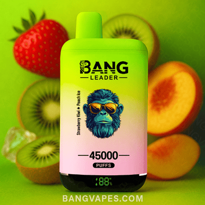 Bang Leader vape device with neon green and pink gradient, featuring flavors strawberry, kiwi, and peach ice, surrounded by sliced fruit and displaying a digital screen showing battery percentage.