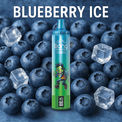 Jednorazowe urządzenie do waporyzacji oznaczone 'Bang Blaze' z postacią z kreskówki, stojące wśród świeżych jagód i kostek lodu, z tekstem 'Blueberry Ice' powyżej.