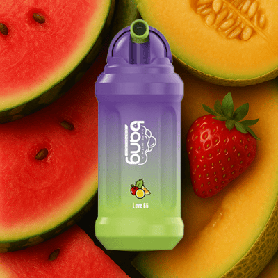 Kolorowa butelka z fioletowo-zielonym gradientem, z napisem 'bong' i 'Love 66' z ilustracjami owoców, umieszczona na tle pokrojonego arbuza, kantalupy i truskawki.