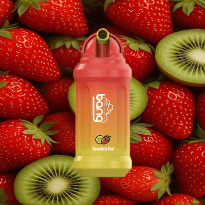 Jednorazowy waporyzator o smaku truskawkowym kiwi z czerwonym i żółtym gradientem, prezentowany na tle świeżych truskawek i pokrojonych kiwi.