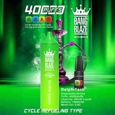 Reklama sziszy Bang Blaze o smaku Double Apples, przedstawiającej zielone urządzenie do waporyzacji, butelkę e-płynu i fioletową fajkę wodną, podkreślającą 40 000 zaciągnięć, pojemność 40 ml, baterię 1000 mAh i sposób cyklicznego tankowania na świecącym zielonym tle.