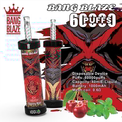 Bang Blaze Cherry Mint Einweg-Vape-Gerät mit Teufelsdesign, dargestellt mit Kirschen und Minzblättern, Produktspezifikationen und Markendetails.