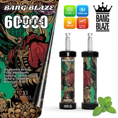 Werbebild für den Einweg-Vaporator Bang Blaze mit stilisierter Grafik eines Skelettkriegers, der 60.000 Züge, 40 ml E-Liquid-Kapazität, 1000-mAh-Akku, 0.6Ω-Mesh-Spule, Typ-C-Aufladung und Minzgeschmack hervorhebt.