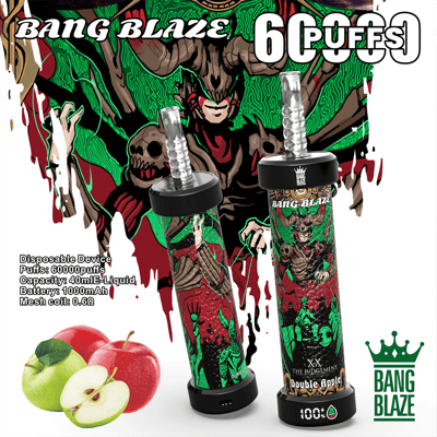 Bang Blaze Double Apple Einweg-Vape-Gerät mit fantasievollem, dämoneninspiriertem Design, grünem und rotem Farbschema und Bildern von ganzen und geschnittenen Äpfeln, das Produktmerkmale wie 60.000 Züge, 40 ml E-Liquid-Kapazität, 1000-mAh-Akku und 0.6Ω-Mesh-Spule hervorhebt.