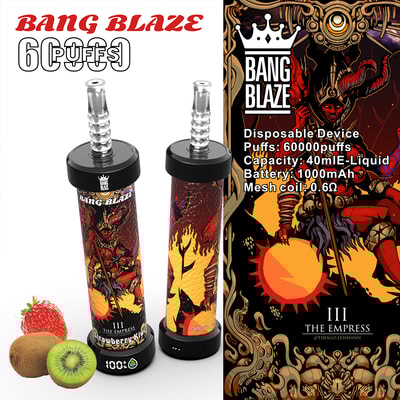 Bang Blaze Einweg-Vape-Gerät in einem rot-gelben Fantasy-Design mit der Aufschrift 'Strawberry Kiwi' mit Erdbeeren und Kiwis, Werbung für 60.000 Züge, 40 ml E-Liquid-Kapazität, 1000-mAh-Akku und Mesh-Spule 0.6Ω.
