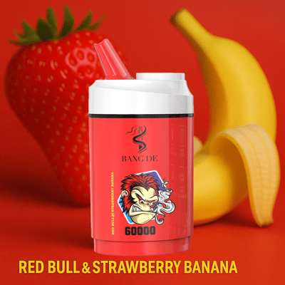 Rot-weißes Bang De-Dampfgerät mit Cartoon-Affenlogo, platziert vor einer großen Erdbeere und Banane, darunter die Geschmacksrichtung "Red Bull & Strawberry Banana".