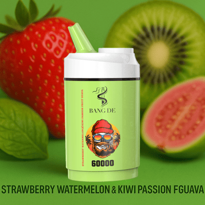 Vape-Gerät mit grün-weißem Gehäuse, beschriftet mit 'Bang De', abgebildet mit einem bärtigen Mann mit Sonnenbrille, mit Bildern von Erdbeere, Kiwi und Guave im Hintergrund und der unten abgebildeten Geschmacksrichtung 'Strawberry Watermelon & Kiwi Passion Guava'.