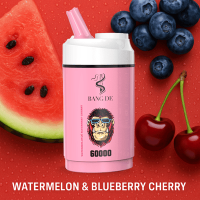 Pinkfarbenes Bang-De-Vape-Gerät mit einem Affen mit Sonnenbrille, umgeben von Scheiben Wassermelone, Blaubeeren und Kirschen, mit der Aufschrift 'WATERMELON & BLUEBERRY CHERRY'.