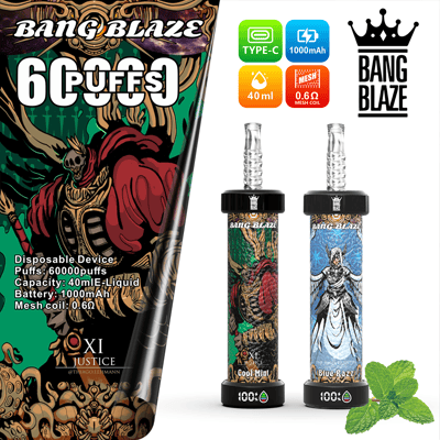 Werbebild für Bang Blaze-Einweg-Vaporgeräte, mit zwei illustrierten Vapes mit Fantasy-Charakter-Motiven, Produktspezifikationen wie 60.000 Züge, 40 ml E-Liquid-Kapazität, 1000-mAh-Akku und Mesh-Spule sowie den Geschmacksbezeichnungen Cool Mint und Blue Razz und Minzblättern als dekoratives Element.