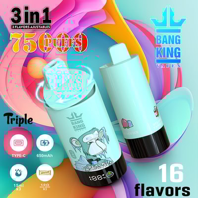 Advertisement for Bang King Vapen, a 3-in-1 disposable vape device with 16 flavors, 7500 puffs, adjustable flavors, type-C charging, 650mAh battery, and 15ml x3 e-liquid capacity, featuring colorful graphics and product images.