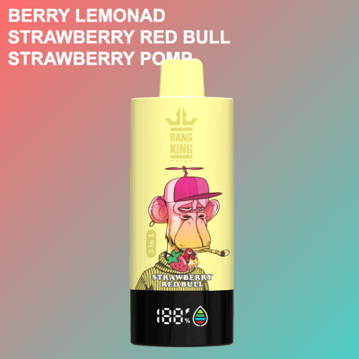 Yellow Bang King vape-apparaat met een cartoonaap met een muts, met het opschrift 'Strawberry Red Bull', tegen een roze en groenblauw gradiëntachtergrond met smaakopties vermeld in vetgedrukte witte tekst.