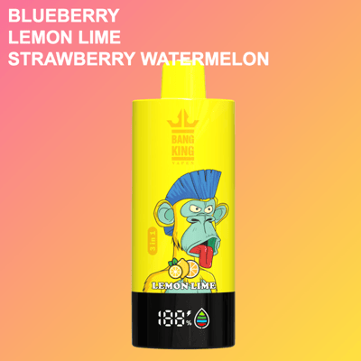 Bang King Vapen wegwerpvape-apparaat met een gele behuizing, met een geïllustreerde blauwharige aap en citroenlimoenafbeeldingen, tegen een oranje-roze achtergrond met kleurovergang met vermelde smaakopties: bosbes, citroenlimoen, aardbei-watermeloen.