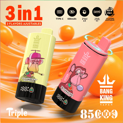 Anuncio de Bang King Vape que muestra dos coloridos dispositivos de vapeo con monos de dibujos animados, destacando sabores como Strawberry Redbull y Strawberry Watermelon, y promocionando 3 sabores ajustables, 85,000 caladas y una batería de 600 mAh.