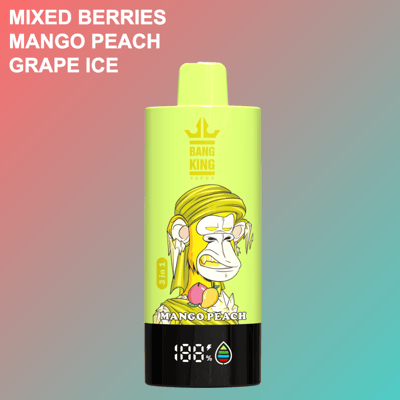 Yellow Bang King vape-apparaat met een cartoonaap met een tulband, met het opschrift 'Mango Peach', met tekst op de achtergrond met de smaken: Mixed Berries, Mango Peach, Grape Ice.