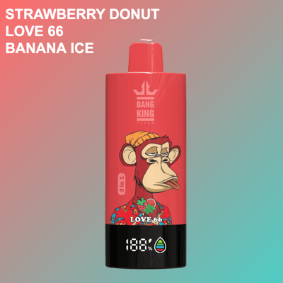Red Bang King vape-apparaat met een cartoonaap die een muts en een bloemenshirt draagt, weergegeven met smaaknamen Strawberry Donut, Love 66 en Banana Ice op een verloopachtergrond.