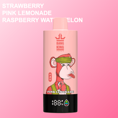 Roze vape-apparaat met een cartoonaap met een blinddoek, met het opschrift 'Bang King Vapen' en 'Pink Lemonade', op een roze achtergrond met kleurovergang met grote witte tekst met de smaken: Aardbei, Roze Limonade, Frambozenwatermeloen.