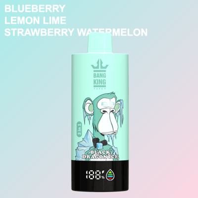 Mintgroen Bang King-vape-apparaat met een geïllustreerd ijzig apengezicht met het opschrift 'Black Dragon Ice', met bovenaan de smaakopties bosbessen, citroenlimoen en aardbei-watermeloen.