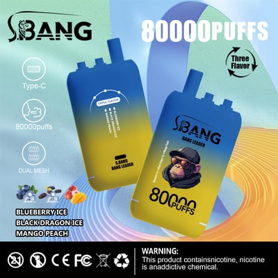 Advertisement for S.BANG BANG LEADER disposable vape devices featuring dual mesh technology, 80,000 puffs, Type-C charging, three flavors (blueberry ice, black dragon ice, mango peach), and a warning about nicotine addiction.