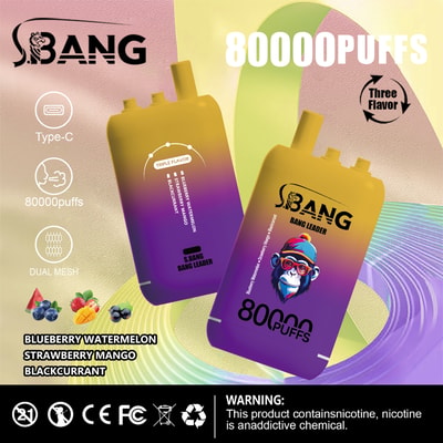 Promotional image for S. Bang Bang Leader vape devices showing two gradient yellow and purple disposable vapes, flavor icons for blueberry watermelon, strawberry mango, and blackcurrant, and text highlighting 80,000 puffs, dual mesh, Type-C charging, and a nicotine warning.