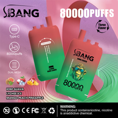 Promotional image for SBANG Bang Leader disposable vape featuring two red and green vape devices, flavor options (kiwi guava, lychee ice, mango peach pineapple), 80000 puffs capacity, Type-C charging, dual mesh, and a warning that the product contains nicotine, with a stylized monkey wearing sunglasses on one device.