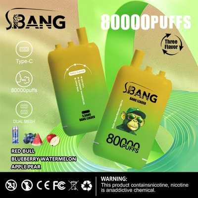 Promotional image for SBANG Bang Leader vape device featuring two devices, product features including Type-C charging, 80,000 puffs, dual mesh design, triple flavor options (Red Bull, blueberry watermelon, apple pear), and a nicotine warning label.