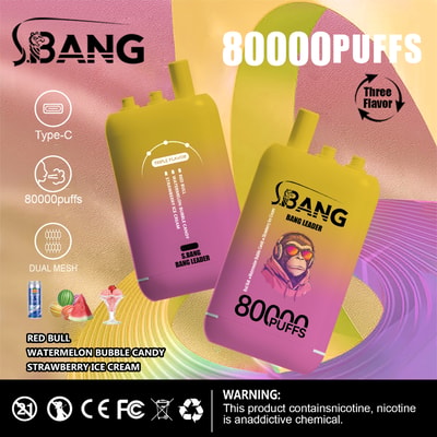 Advertisement for SBang vape device featuring two colorful vapes with 80,000 puffs, highlighting three flavors (Red Bull, Watermelon Bubble Candy, Strawberry Ice Cream), a monkey wearing headphones, and a nicotine warning at the bottom.