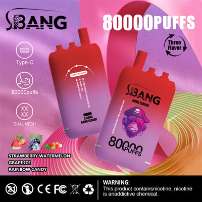 Promotional image for SBANG Bang Leader vape device, highlighting features such as 80,000 puffs, triple flavor options (strawberry watermelon, grape ice, rainbow candy), dual mesh, Type-C charging, and a nicotine addiction warning, with colorful background and two red and purple gradient vape devices displayed.