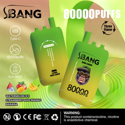 Colorful advertisement for SBANG disposable vape featuring two green and yellow gradient devices, product specs highlighting 80000 puffs, Type-C charging, dual mesh, and available flavors: watermelon ice, strawberry and mango, and banana.