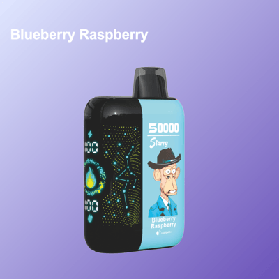 Niebiesko-czarne urządzenie do waporyzacji oznaczone 'Blueberry Raspberry 50000 Starry' przedstawiające rysunkową małpę w kapeluszu, wyświetlane na fioletowym gradientowym tle z tekstem 'Blueberry Raspberry' zapisanym pogrubionymi białymi literami w lewym górnym rogu.