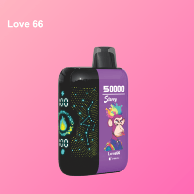 Kolorowe urządzenie do waporyzacji oznaczone '50000 Starry' i 'Love66' przedstawiające rysunkową małpę z tęczowymi włosami, na różowym gradientowym tle z tekstem 'Love 66' w rogu.