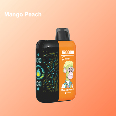 Urządzenie do waporyzacji o smaku mango brzoskwini z cyfrowym wyświetlaczem i ilustracją rysunkowej małpy na pomarańczowym gradientowym tle.