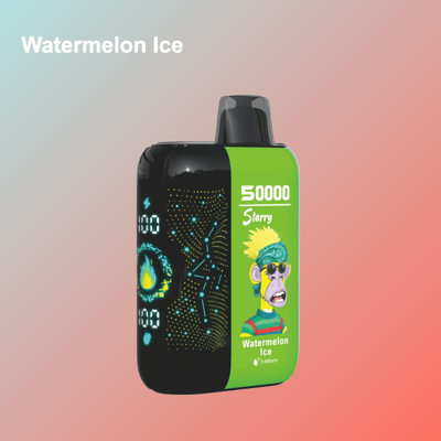 Vape Watermelon Ice przedstawiający kolorową rysunkową małpę w okularach przeciwsłonecznych i opasce na głowie, na zielonej etykiecie, z cyfrową grafiką i wyświetlaczem na gradientowym tle.
