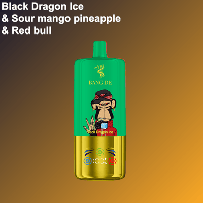 Appareil à vape vert et or étiqueté ' BANG DE ' avec un singe illustré portant un bandeau rouge, sur un fond dégradé marron avec un texte répertoriant les saveurs Black Dragon Ice, Sour Mango Pineapple et Red Bull.